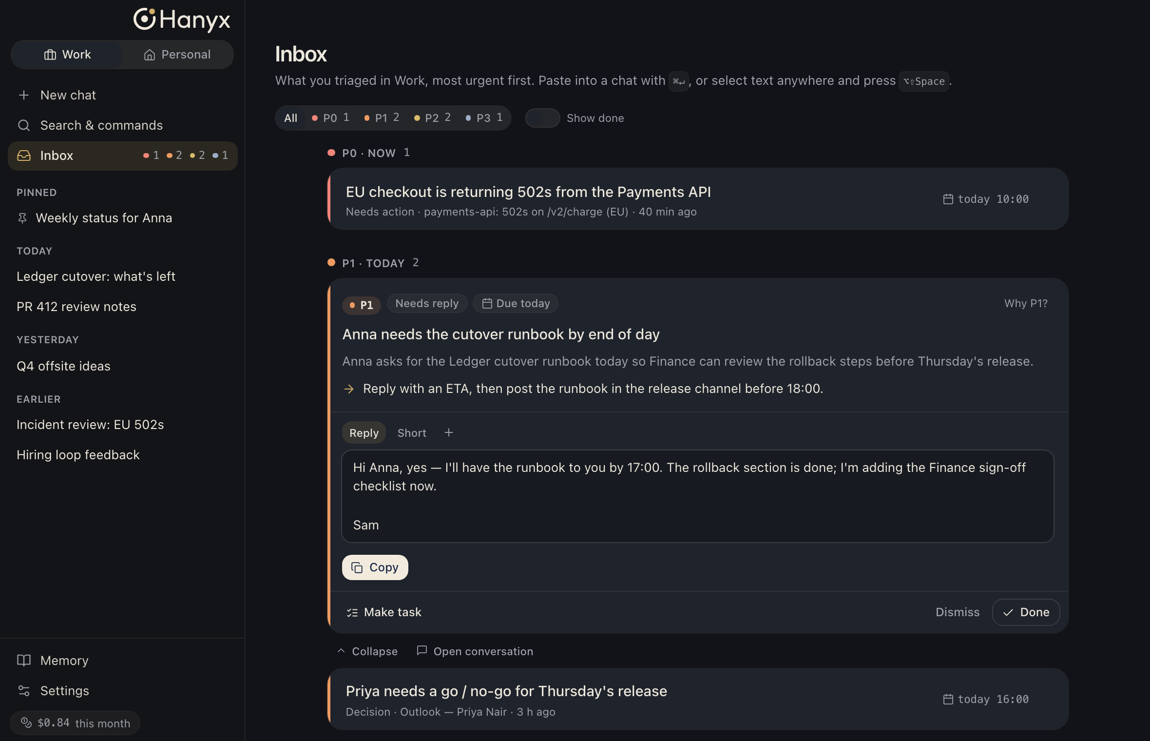 Hanyx Inbox: a message from Anna triaged as P1, with the reasons, the next step and a drafted reply