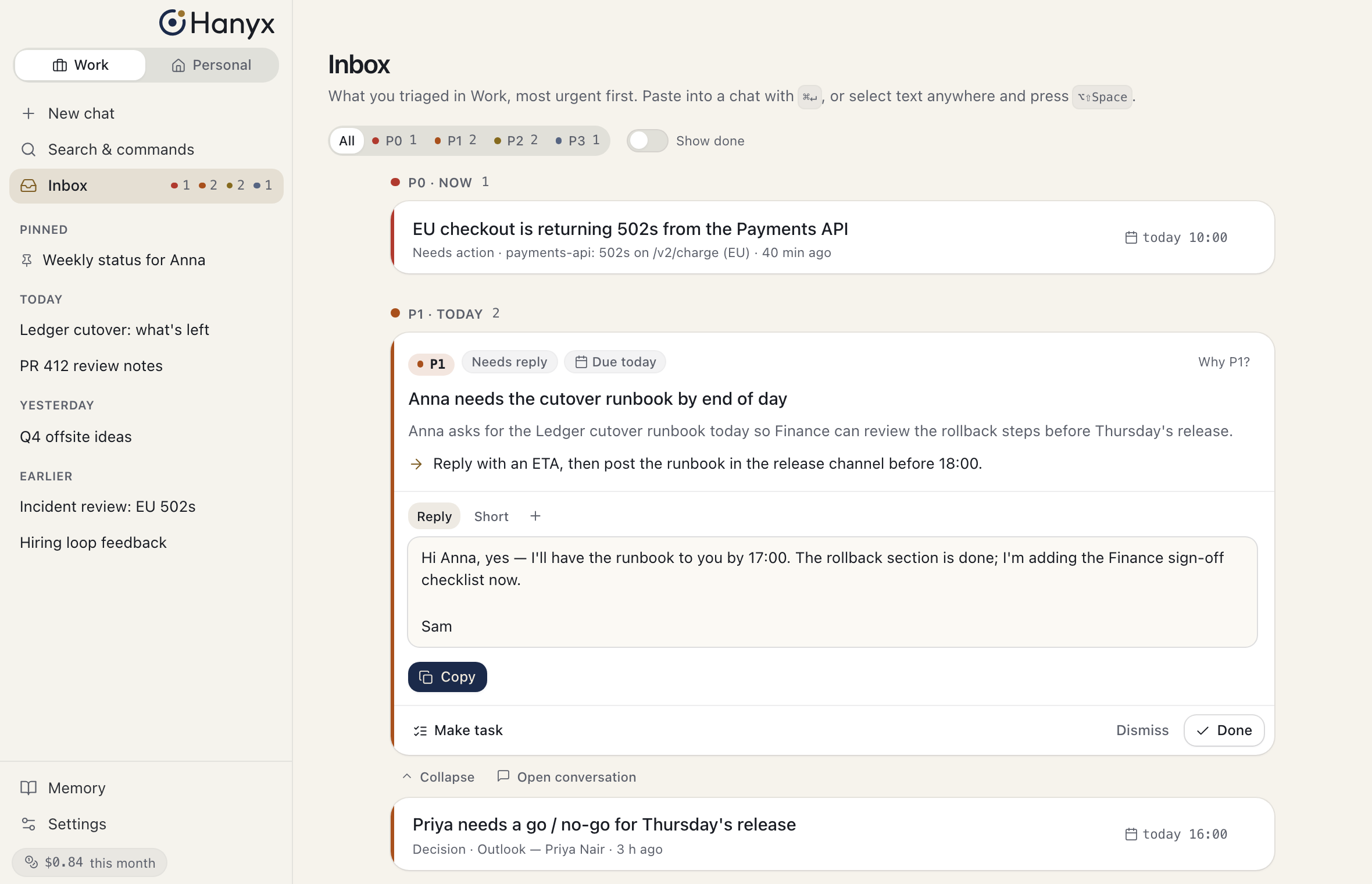 Hanyx Inbox: a message from Anna triaged as P1, with the reasons, the next step and a drafted reply