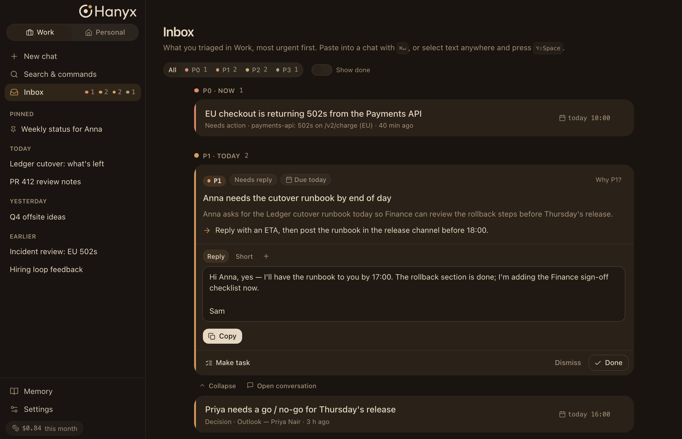 Hanyx Inbox: a message from Anna triaged as P1, with the reasons, the next step and a drafted reply
